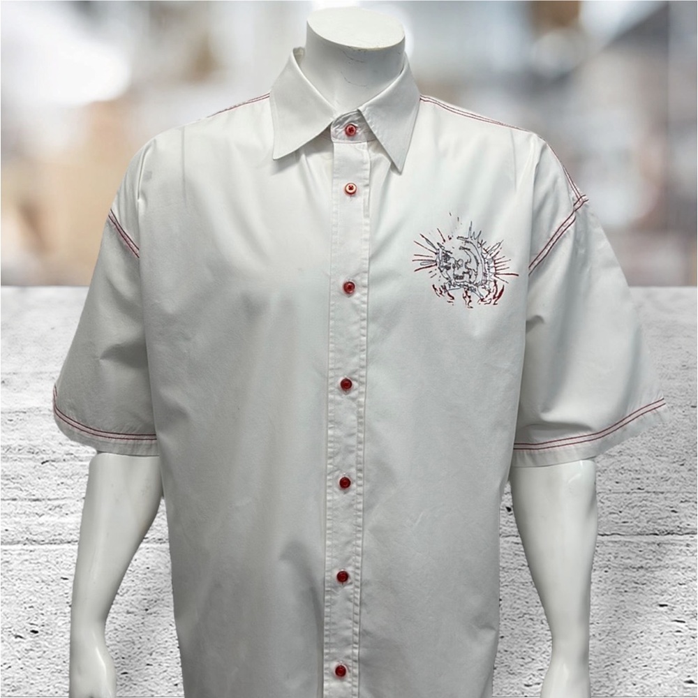 Koman White Red Stitched Short Sleeve Men's Button Up Shirt Size 2XL XXL READ